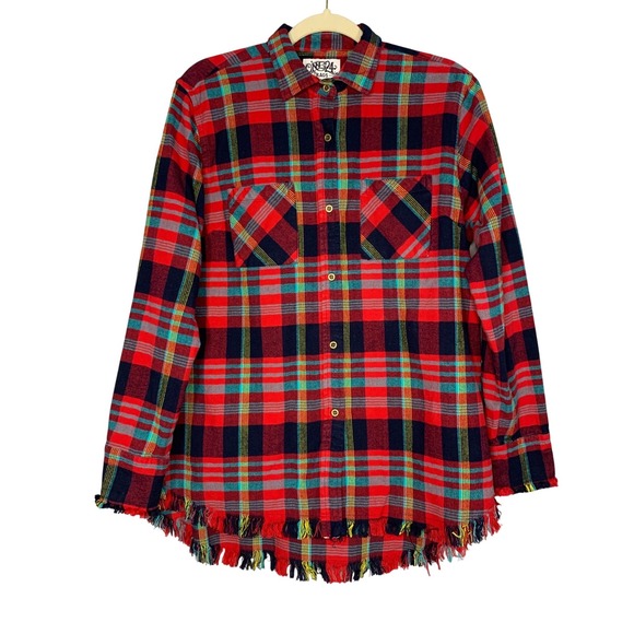 ONE24 RAGS Tops - ONE24 RAGS Red Plaid‎ Fringed Flannel Shirt Oversized Distressed Women Large